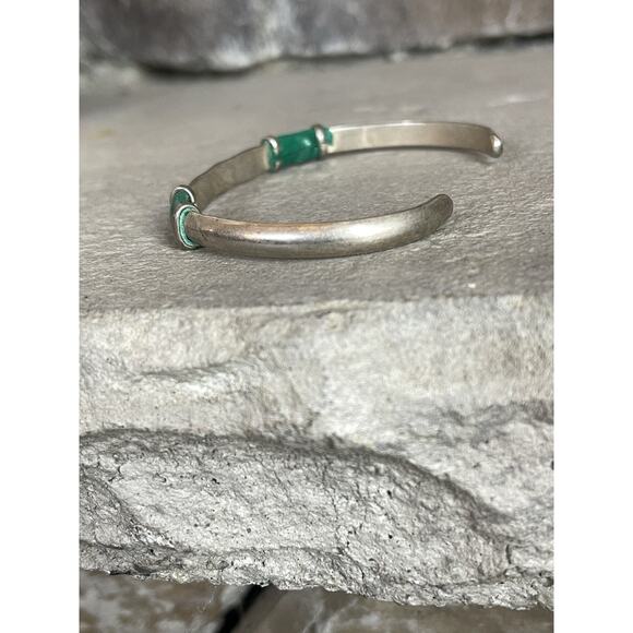Vintage Sterling Silver Minimalist Cuff Bracelet Green Leather Wrapped Inlay - Picture 8 of 10